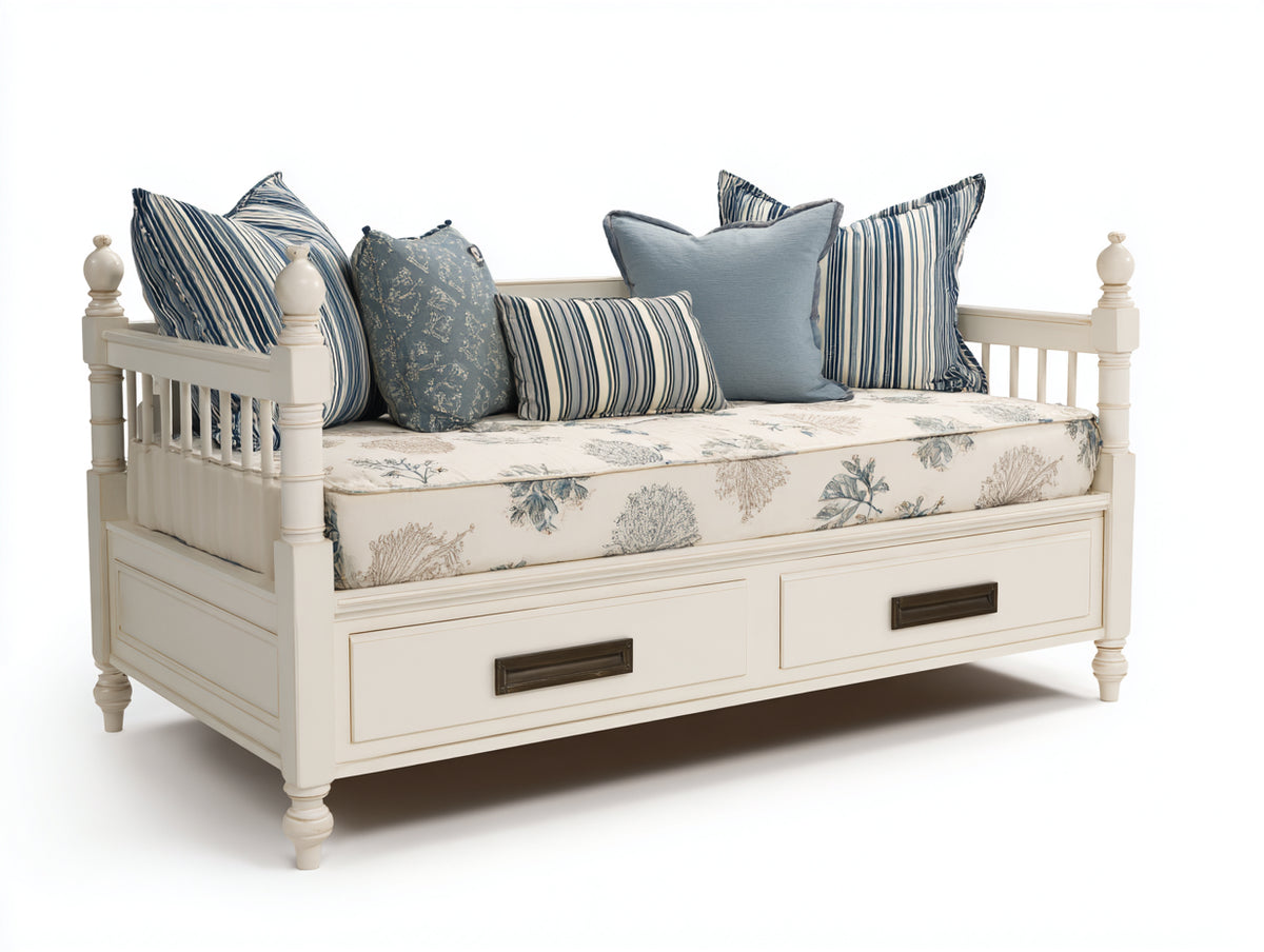 Schlafsofa aus Holz 200 x 90 x 85 cm - Weiß - mit 2 Schubladen und gepolsterter Sitzfläche für Wohnzimmer und Gästezimmer