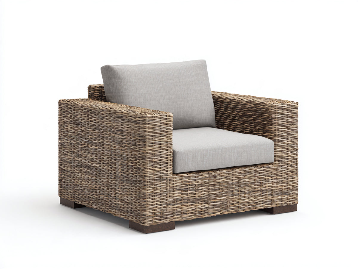 Polyrattan Gartensessel 95x90x82 cm - Natur Beige - Breite Armlehnen mit Holzfüßen