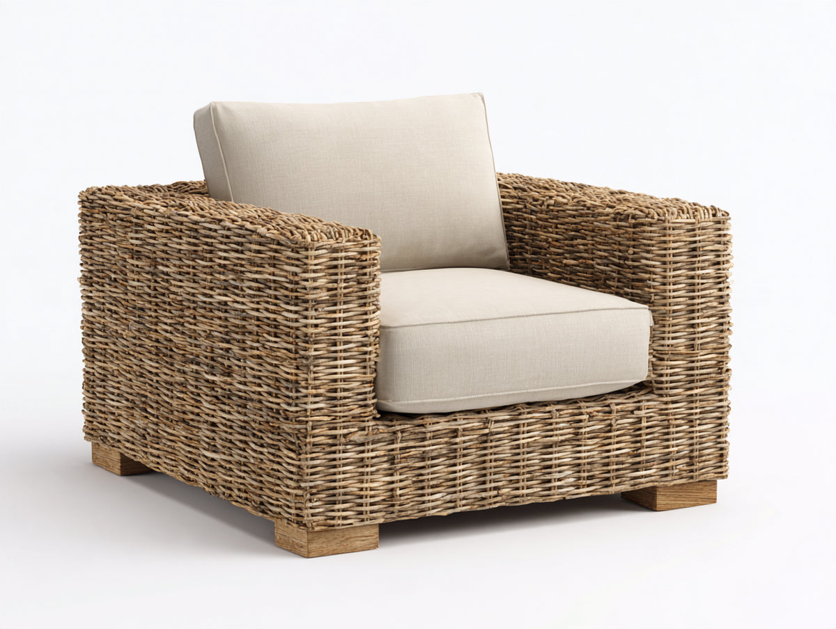 Polyrattan Gartensessel 85 x 80 x 75 cm - Braunes Geflecht mit hellem Sitzbereich - Moderner Outdoor Sessel für Garten und Terrasse
