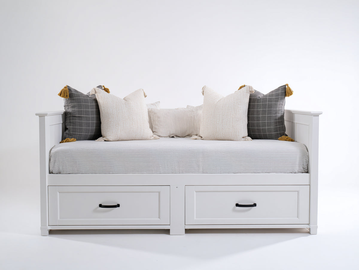 Schlafsofa Holz 200x90x90 cm - Weiß Grau - Klassisches Tagesbett mit 2 Schubladen