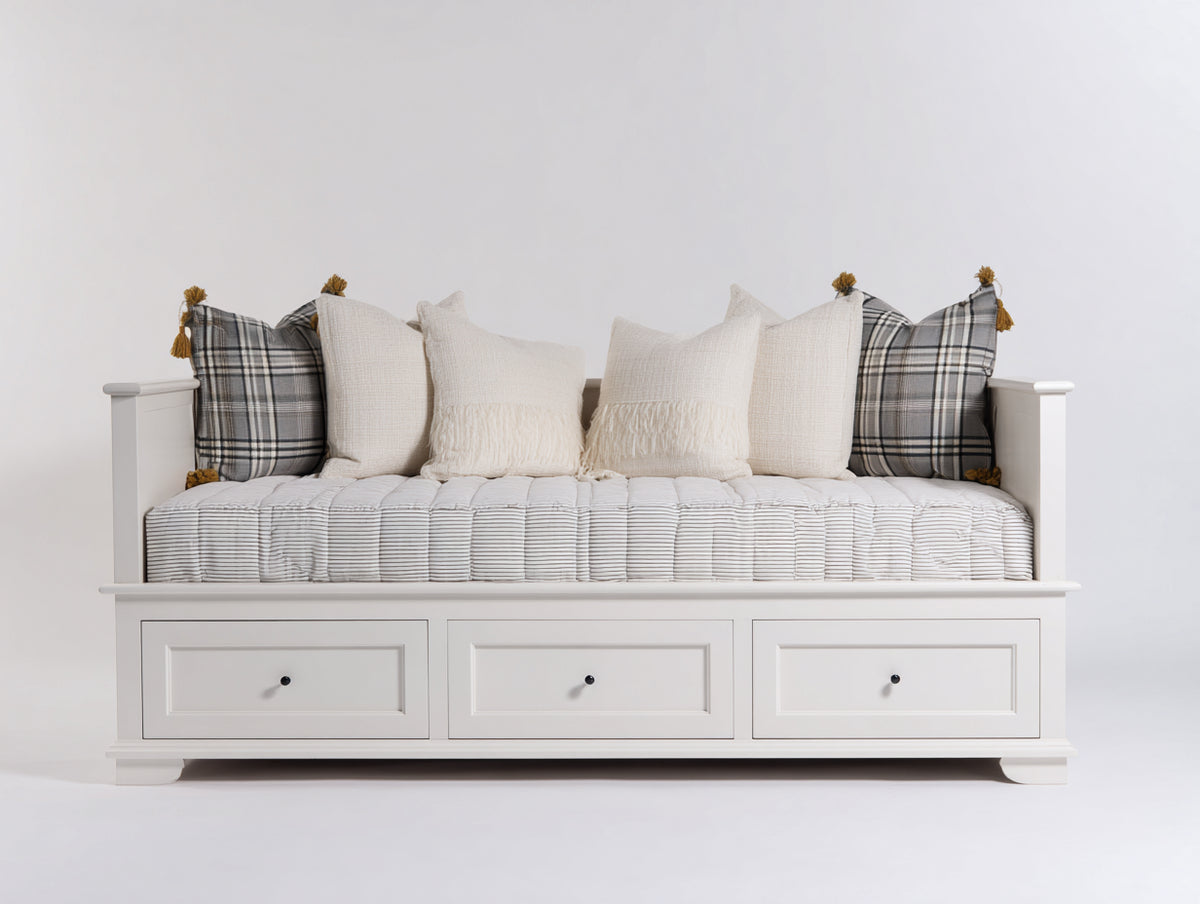 Schlafsofa aus Holz und Stoff 200 x 90 x 85 cm - Weiß - mit 3 Schubladen und gepolsterter Sitzfläche für Wohnzimmer und Gästezimmer