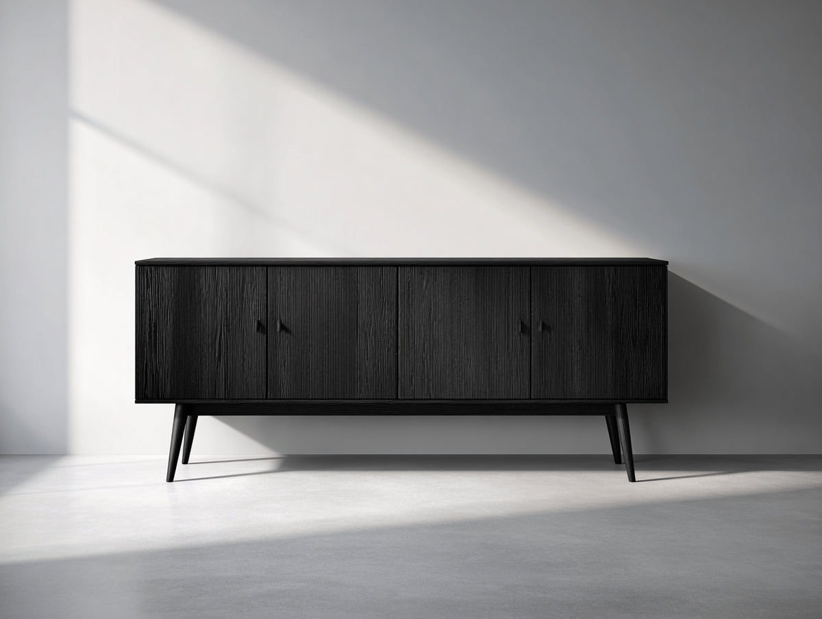 Dielenschrank ca. 180 x 40 x 75 cm - Schwarz mit strukturierter Holzoptik - 4 Türen im modernen Design