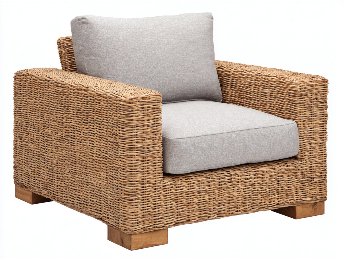 Polyrattan Gartensessel 98x92x85 cm - Natur Beige - Breite Armlehnen mit Holzfüßen