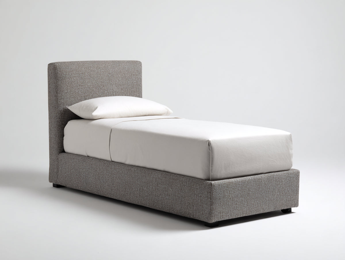 Einzelbett mit Stoffbezug 215 x 105 x 120 cm - Graubeige-Schwarz - gepolstertes Kopfteil - modernes Schlafzimmerdesign