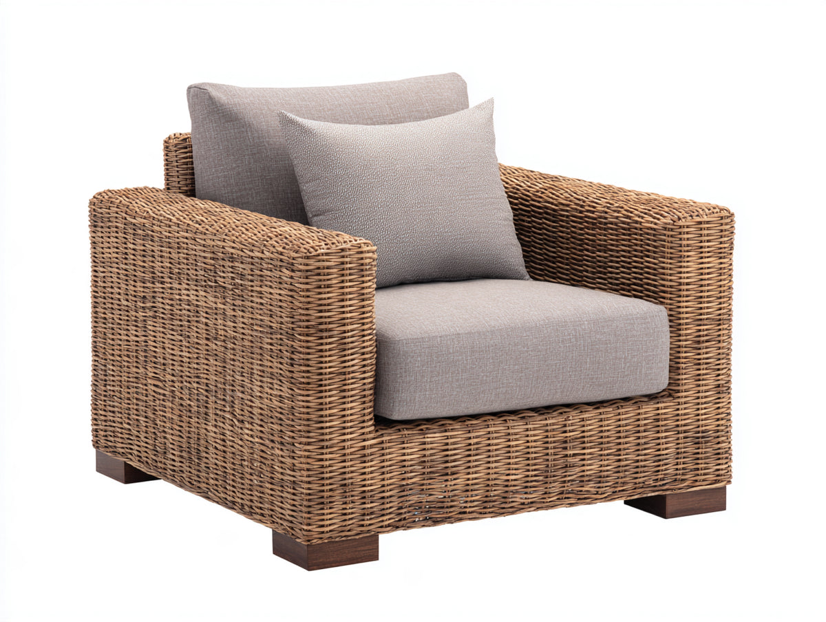 Polyrattan Gartensessel 85 x 80 x 75 cm - Naturbraunes Geflecht mit hellgrauem Sitzbereich - Moderner Outdoor Sessel für Garten und Terrasse