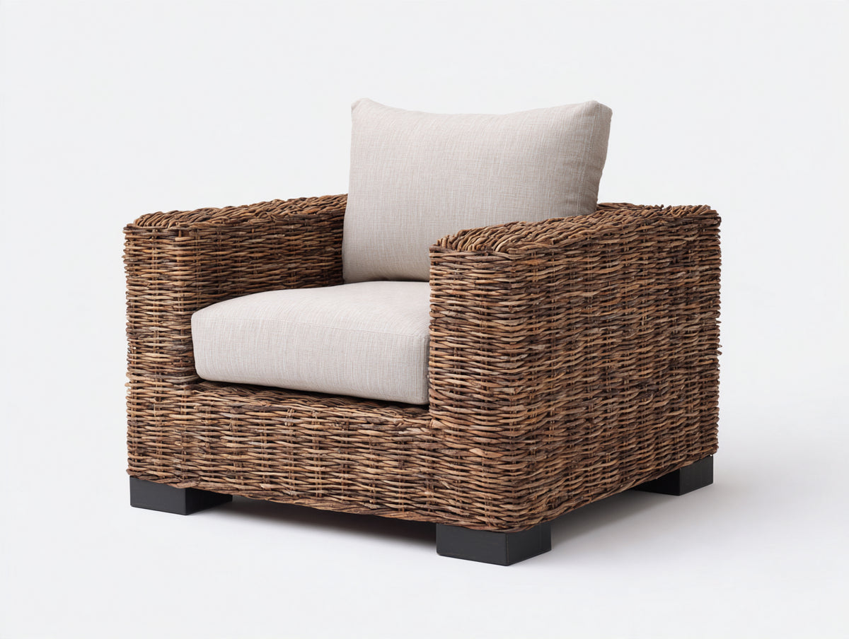 Polyrattan Gartensessel 80 x 75 x 75 cm - Geflecht in Braun mit weichem Sitzbereich - Moderner Gartenstuhl für Terrasse und Balkon