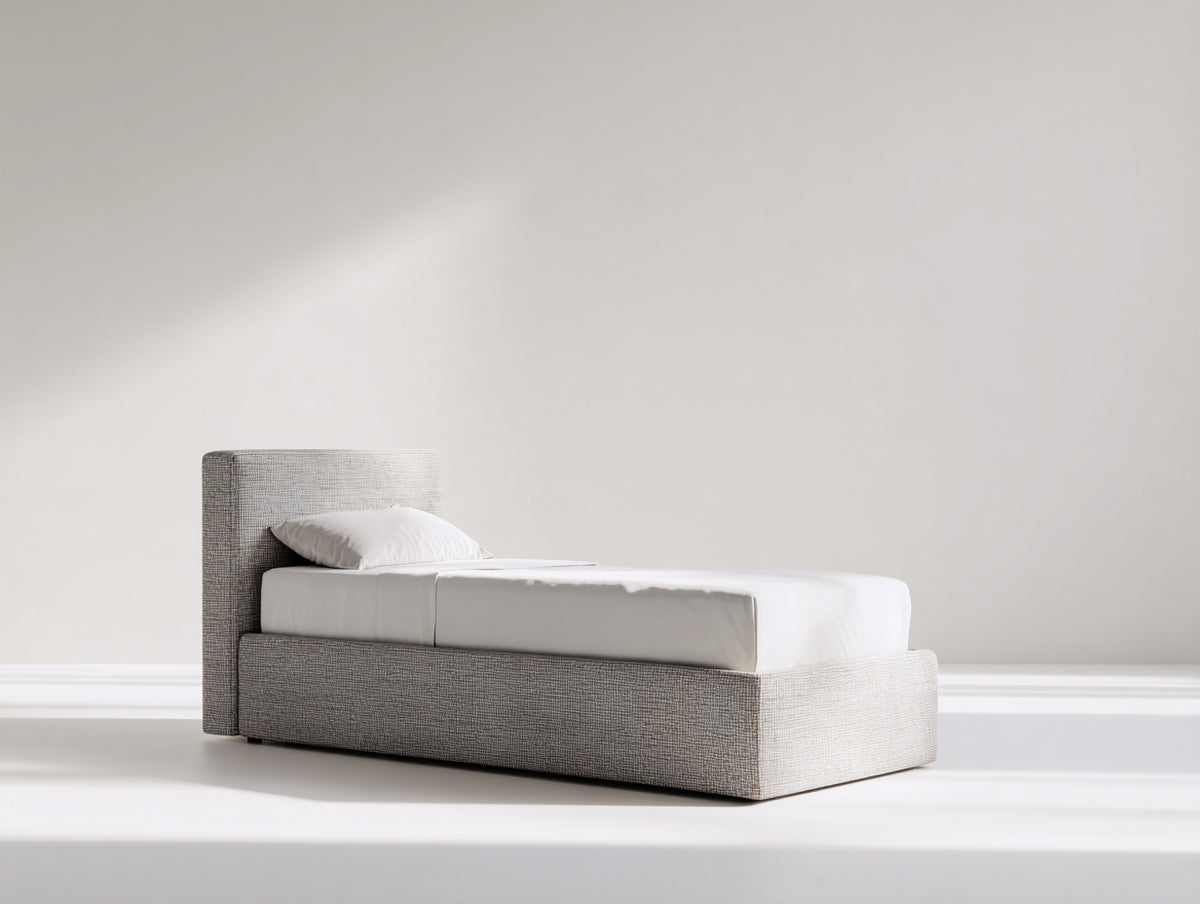Einzelbett gepolstert 210x100x100 cm - Beige - Stoffbezug mit hohem Kopfteil für Schlafzimmer