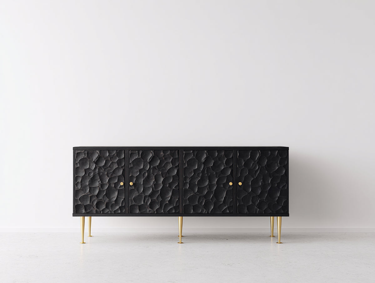 Dielenschrank Holzwerkstoff und Metall 180x40x80 cm - Schwarz Gold - 4 Türen mit Reliefstruktur