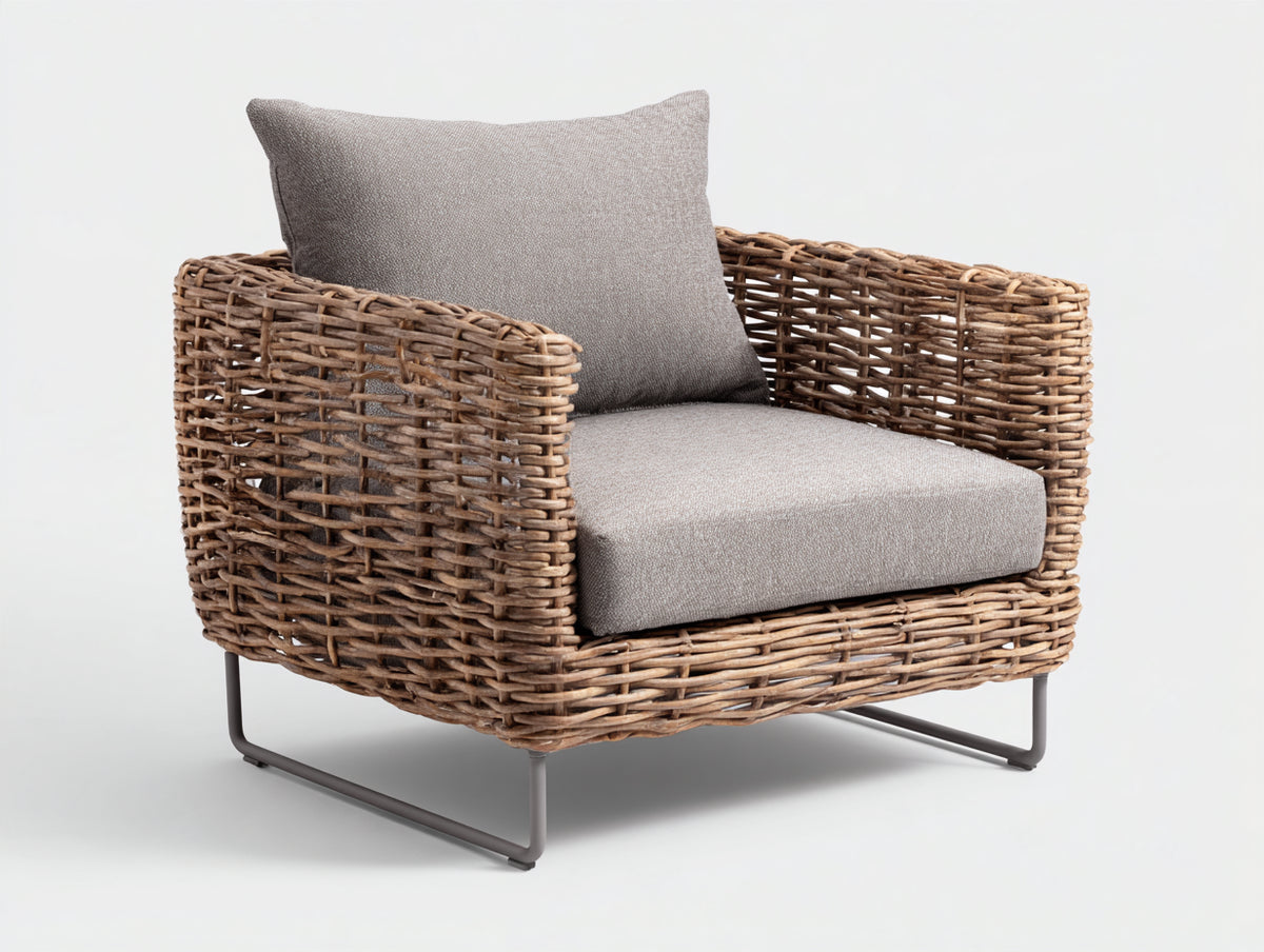 Polyrattan Gartensessel 85 x 80 x 75 cm - Braun - Geflechtsessel mit Metallfüßen und Armlehnen für Terrasse und Garten