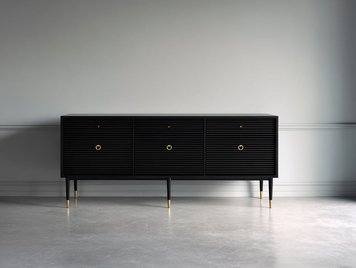 Dielenschrank aus Holzwerkstoff und Metall 160x40x80 cm - Schwarz Gold - 3 Türen mit geriffelter Front