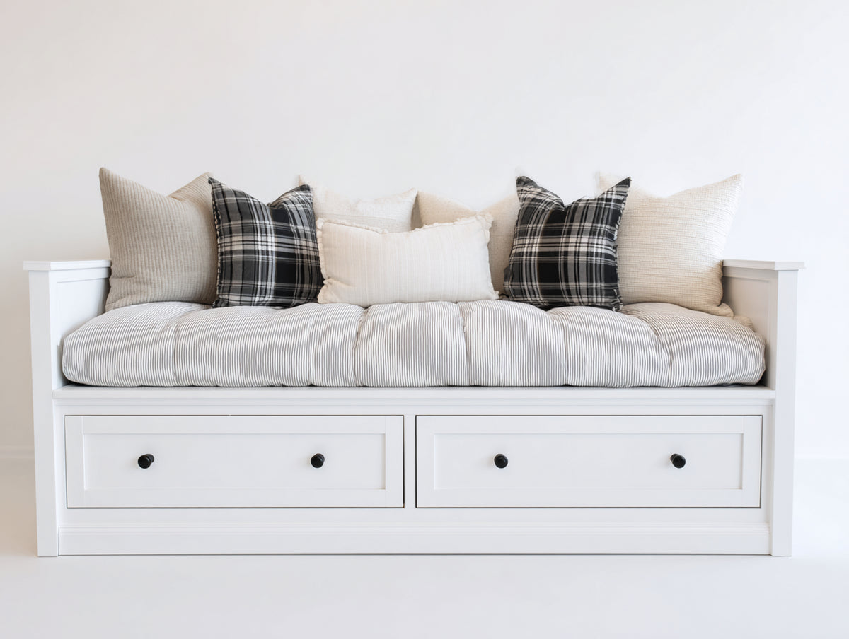 Schlafsofa aus Holz und Stoff 205 x 90 x 85 cm - Weiß-Creme - mit 2 Schubladen für Wohn- und Gästezimmer im Landhausstil