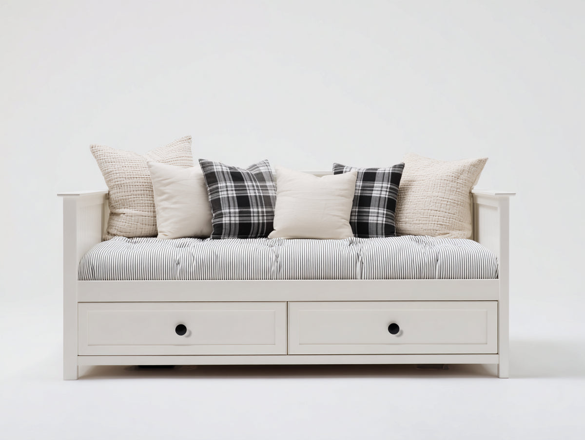 Schlafsofa 200 x 90x 80 cm - Weißer Holzrahmen mit Schubladen - Funktionales Tagesbett im klassischen Stil