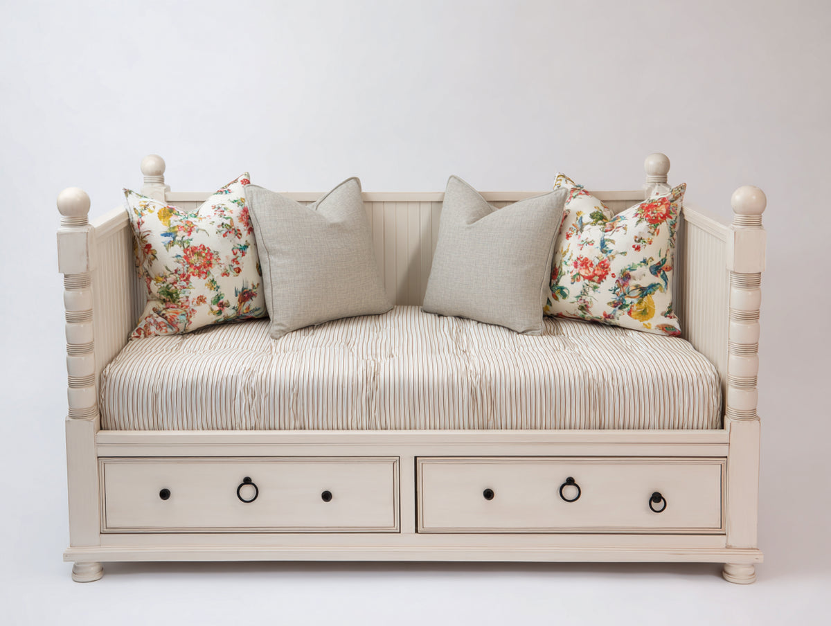 Schlafsofa Holz 200x90x100 cm - Weiß Beige - Klassisches Tagesbett mit 2 Schubladen