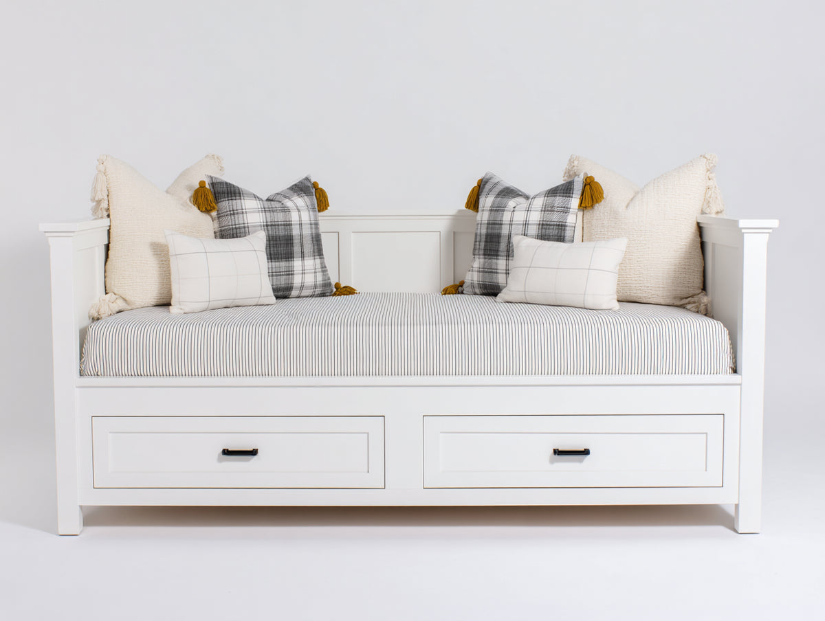 Schlafsofa aus Holzwerkstoff 210 x 95 x 85 cm - Weiß - mit zwei Schubladen - modernes Landhausdesign