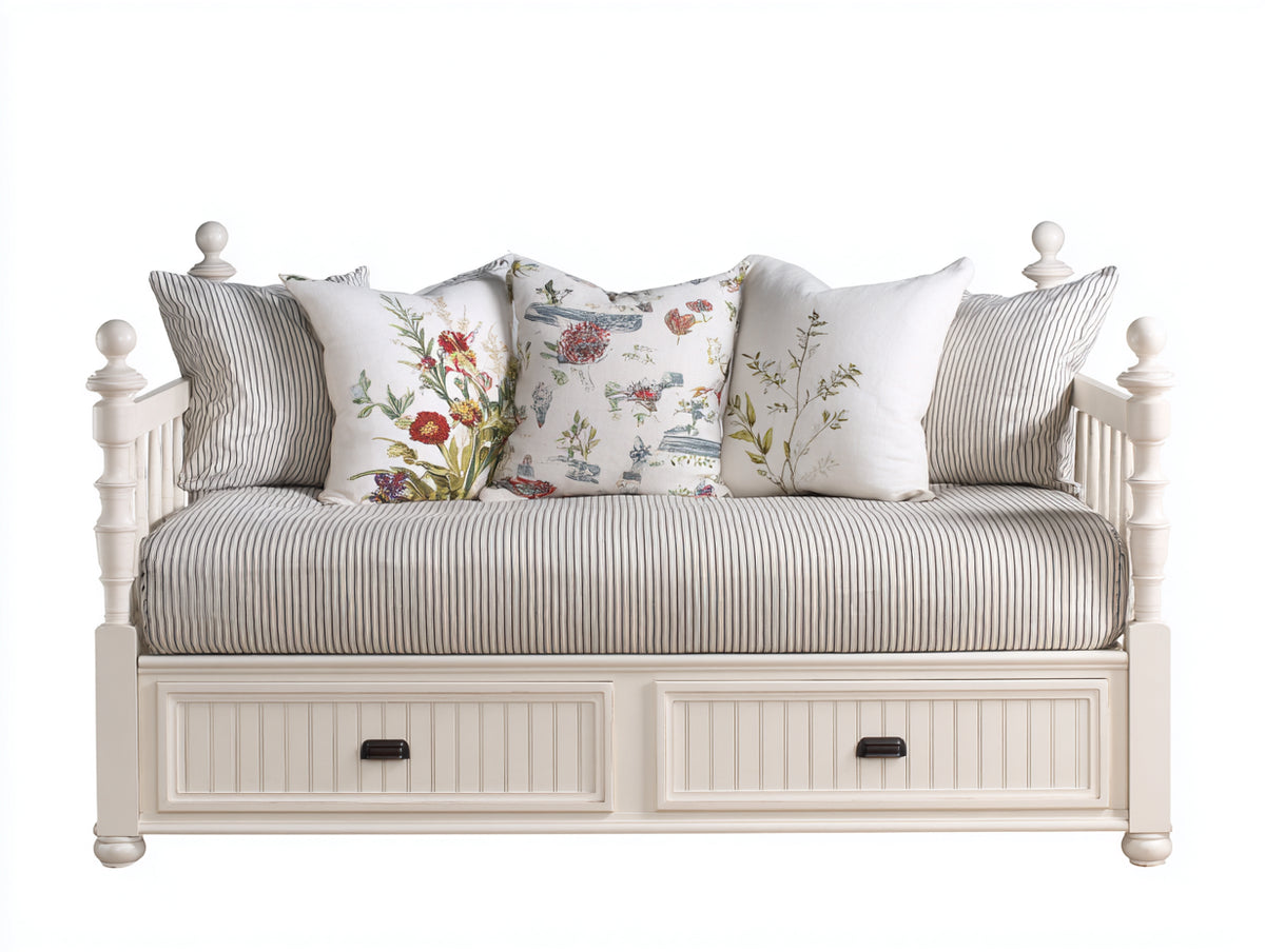 Schlafsofa aus Holz und Stoff 200 x 90 x 85 cm - Weiß - mit 2 Schubladen und gepolsterter Sitzfläche für Wohnzimmer und Gästezimmer
